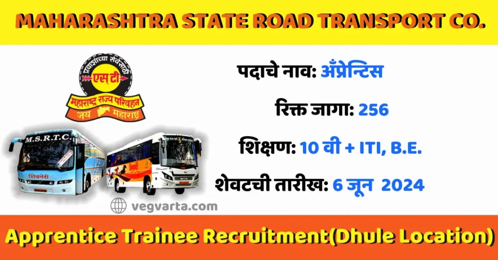 MSRTC Apprentice Recruitment 2024 महाराष्ट्र राज्य परिवहन महामंडळ एस टी महामंडळ MSRTC Dhule Recruitment MSRTC Dhule Recruitment vacancies MSRTC Dhule Recruitment last date